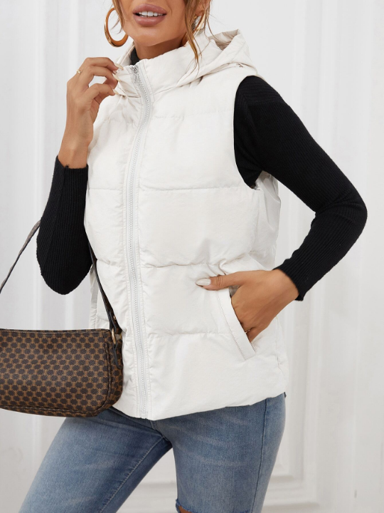 Frenchy Zipper Up Slant Pocket Hooded Sleeveless Puffer Coat