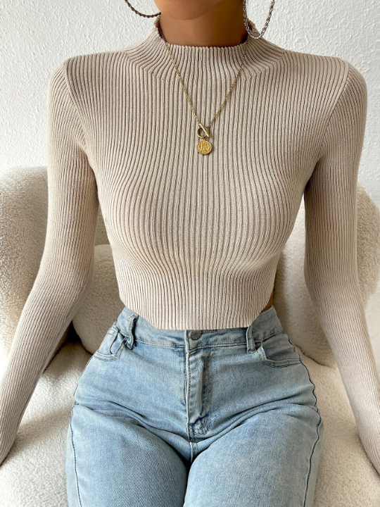 Priv Mock Neck Rib-knit Crop Sweater