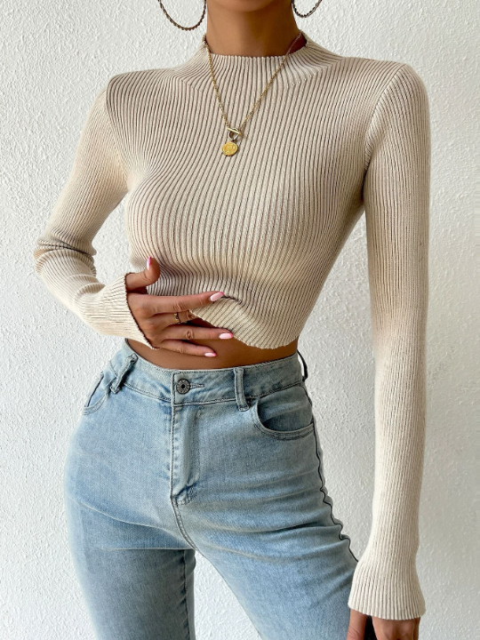 Priv Mock Neck Rib-knit Crop Sweater