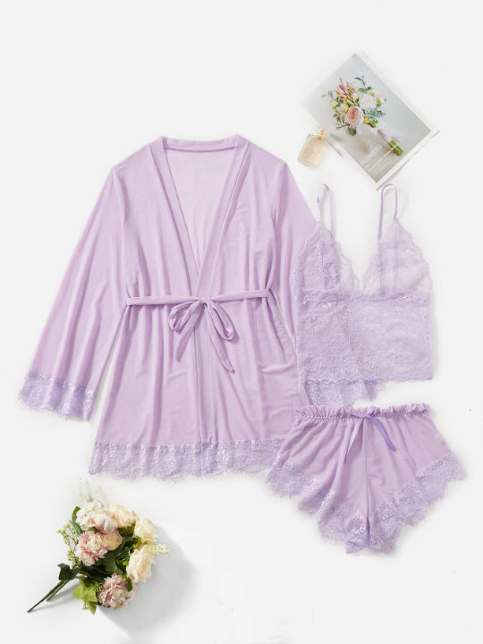 Classic Sexy 4pack Contrast Lace Mesh Lingerie Set With Robe & Belt