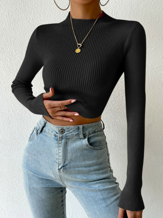 Priv Mock Neck Rib-knit Crop Sweater