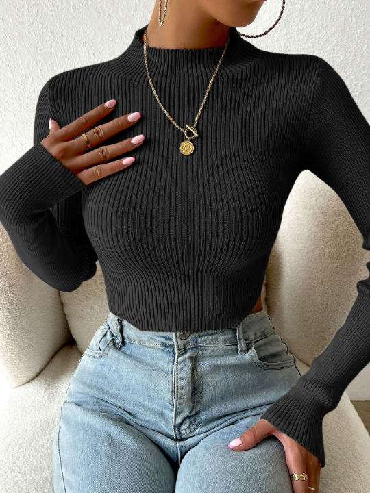 Priv Mock Neck Rib-knit Crop Sweater