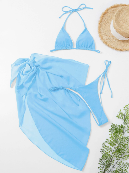 Swim Vcay Solid Bikini Set Triangle Bra & Tie Side Bottom & Beach Skirt 3 Piece Bathing Suit