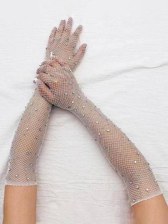 ROMWE Rhinestone Decor Fishnet Gloves