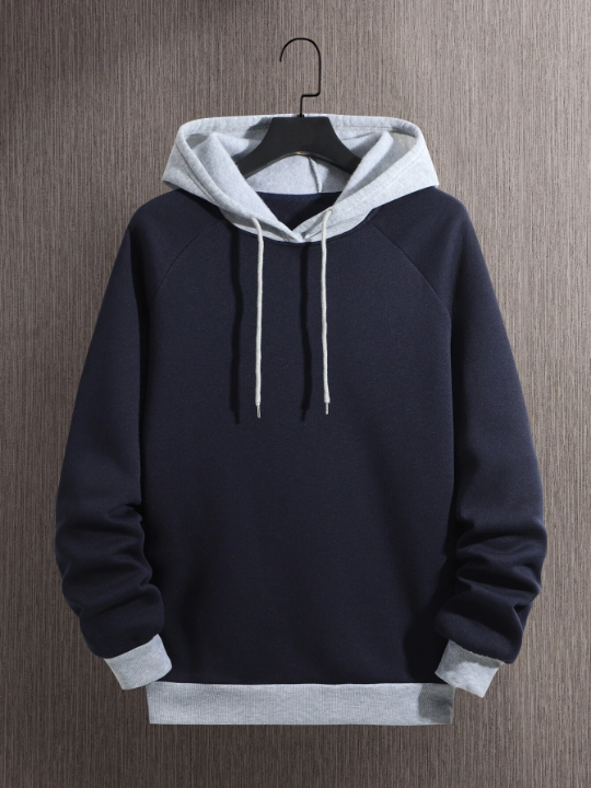 Men Colorblock Thermal Lined Raglan Sleeve Drawstring Hoodie
