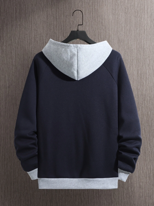 Men Colorblock Thermal Lined Raglan Sleeve Drawstring Hoodie