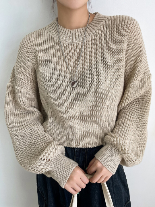 DAZY Eyelet Detail Ribbed Knit Drop Shoulder Sweater