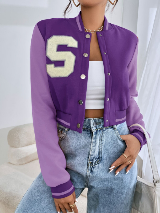 EZwear Letter Patched Crop Varsity Jacket