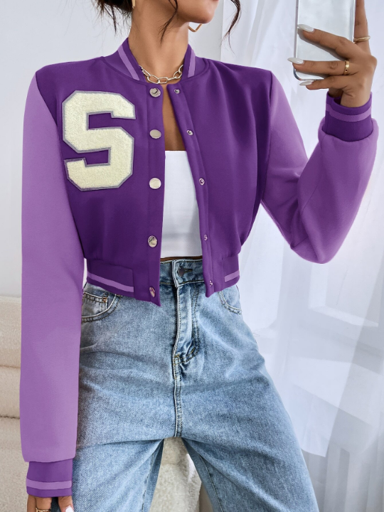 EZwear Letter Patched Crop Varsity Jacket