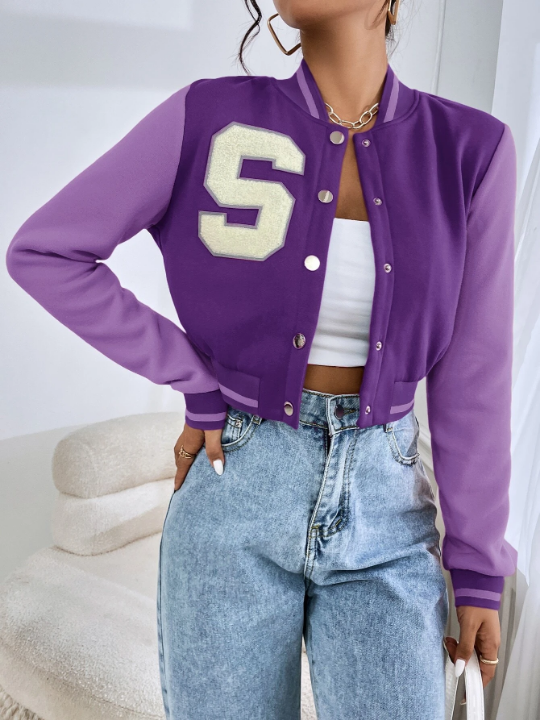 EZwear Letter Patched Crop Varsity Jacket