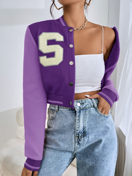 EZwear Letter Patched Crop Varsity Jacket