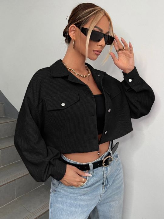 EZwear Spring Outfits Drop Shoulder Flap Detail Crop Corduroy Jacket