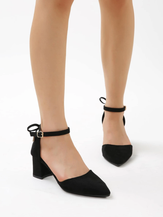 Women Black Tie Back Faux Suede Sandals, Point Toe Chunky Heeled Ankle Strap Pumps