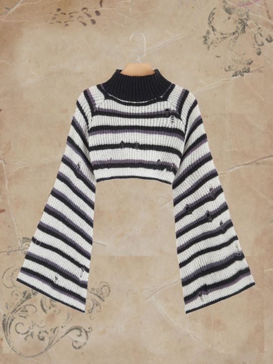 ROMWE Fairycore Striped High Neck Ripped Sweater