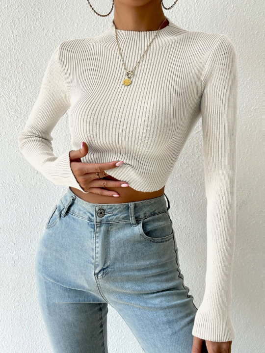 Priv Mock Neck Rib-knit Crop Sweater