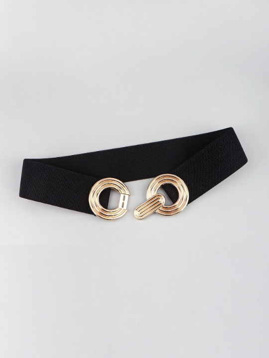 1pc Black Metal Round Buckle Elastic Cinch Buckle Belt Girdle Stretch Waistband For Dress