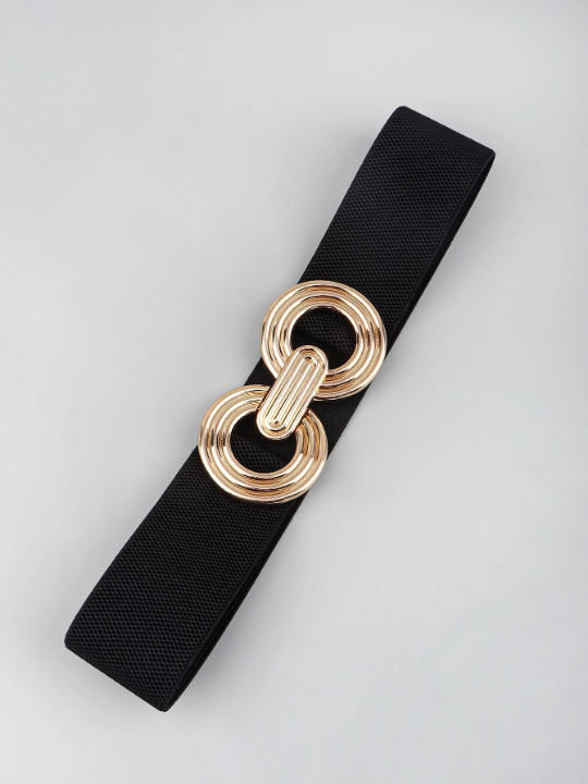 1pc Black Metal Round Buckle Elastic Cinch Buckle Belt Girdle Stretch Waistband For Dress