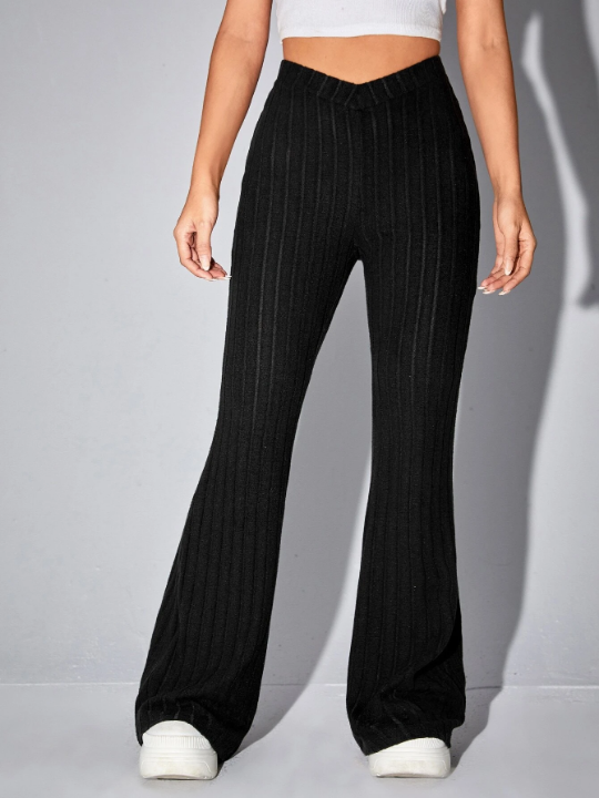 EZwear Black V-Shaped Waistband High Waist Flare Leg Pants