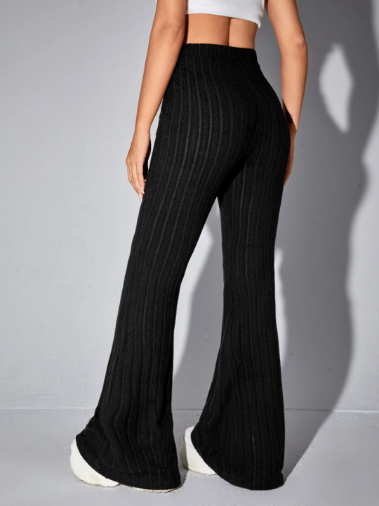 EZwear Black V-Shaped Waistband High Waist Flare Leg Pants