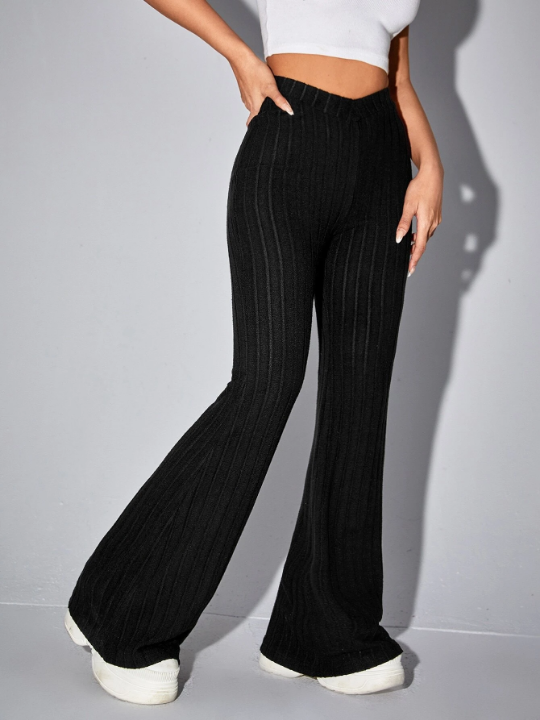 EZwear Black V-Shaped Waistband High Waist Flare Leg Pants