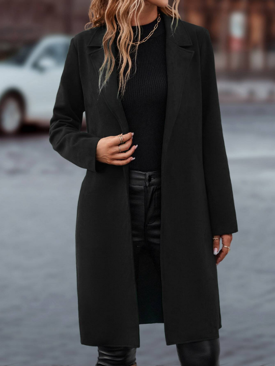 LUNE Lapel Neck Slant Pockets Open Front Belted Coat