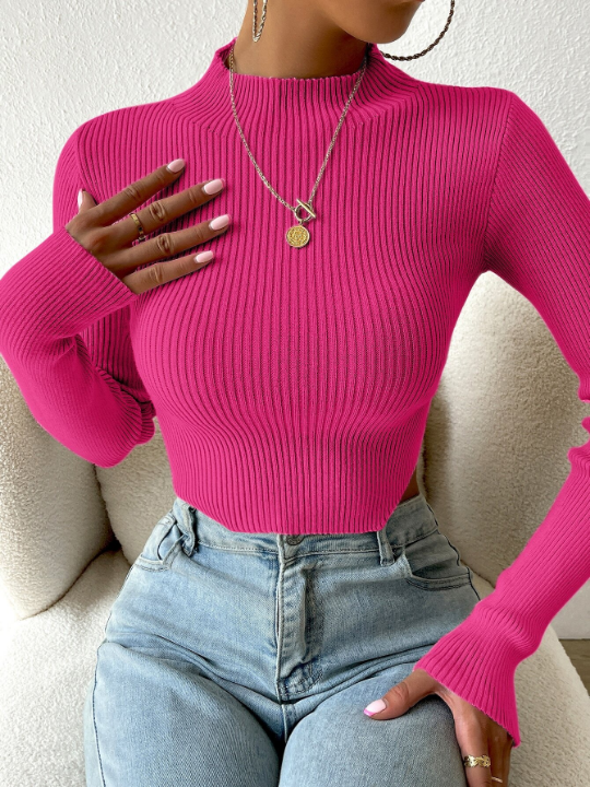 Priv Mock Neck Rib-knit Crop Sweater