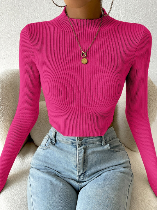 Priv Mock Neck Rib-knit Crop Sweater