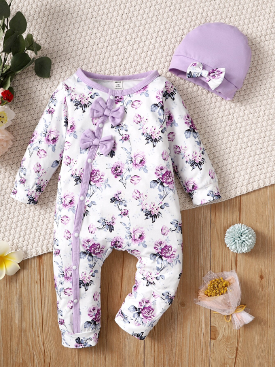 Baby Girl Floral Print Bow Front Contrast Binding Jumpsuit