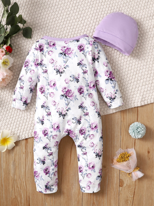 Baby Girl Floral Print Bow Front Contrast Binding Jumpsuit