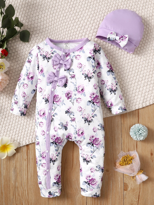 Baby Girl Floral Print Bow Front Contrast Binding Jumpsuit