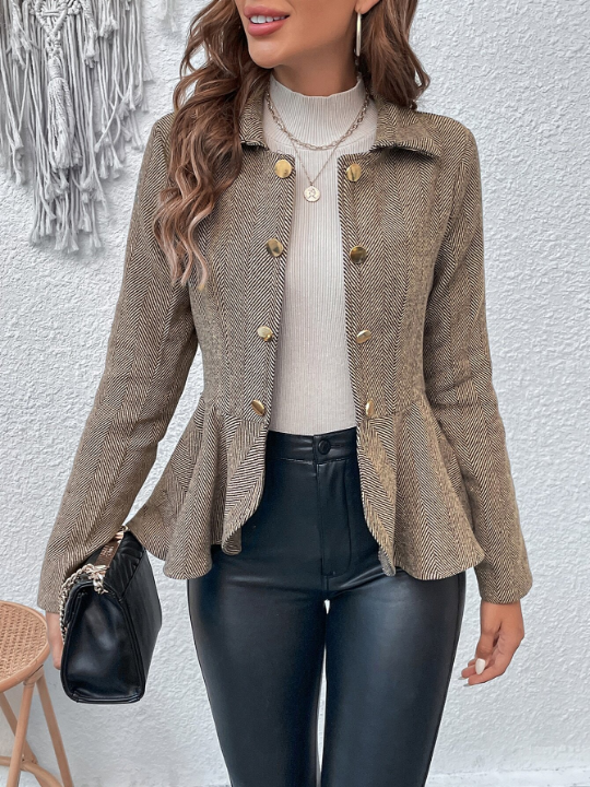 Herringbone Peplum Hem Coat