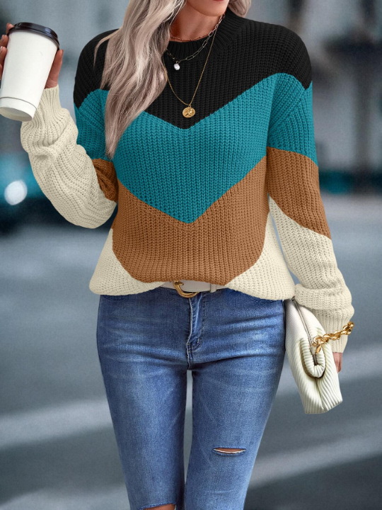 Priv Color Block Chevron Pattern Drop Shoulder Sweater