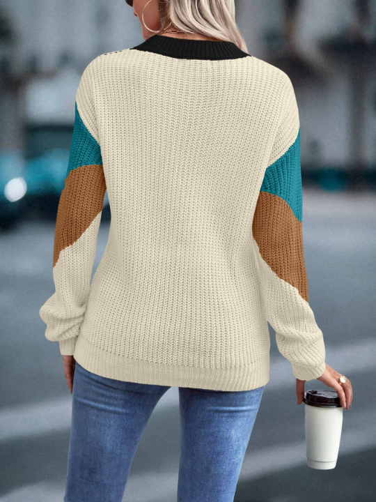 Priv Color Block Chevron Pattern Drop Shoulder Sweater