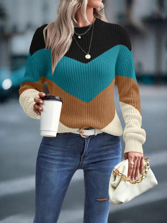 Priv Color Block Chevron Pattern Drop Shoulder Sweater