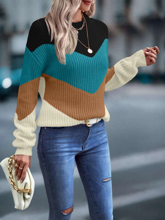 Priv Color Block Chevron Pattern Drop Shoulder Sweater