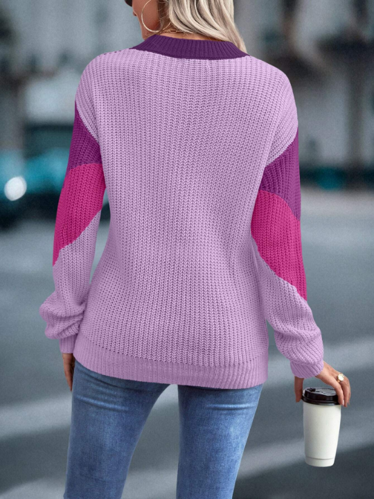 Priv Color Block Chevron Pattern Drop Shoulder Sweater