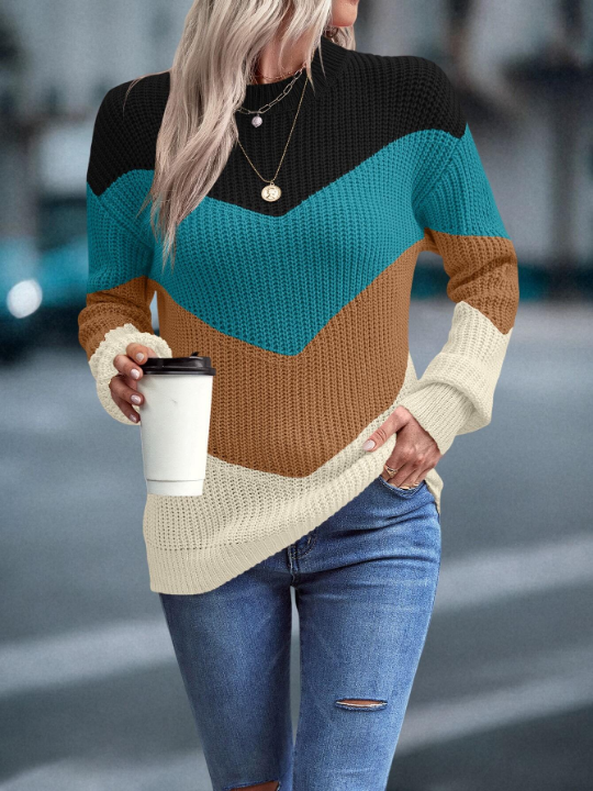 Priv Color Block Chevron Pattern Drop Shoulder Sweater