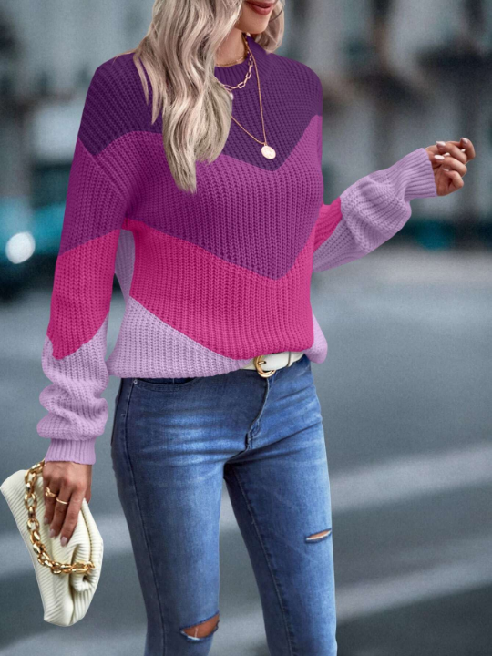 Priv Color Block Chevron Pattern Drop Shoulder Sweater