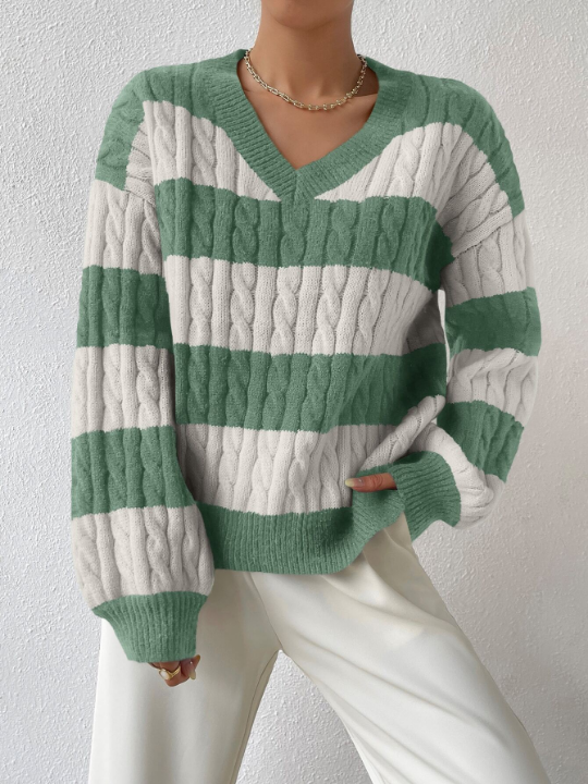 Essnce Two Tone Cable Knit Drop Shoulder Sweater