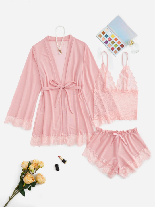 Classic Sexy Contrast Lace Mesh Lingerie Set & Belted Robe