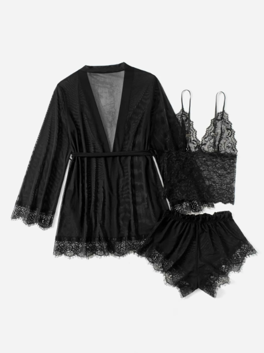 Classic Sexy 4pack Floral Mesh Lingerie Set & Belted Robe