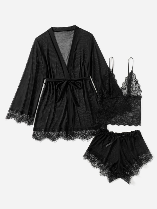 Classic Sexy 4pack Floral Mesh Lingerie Set & Belted Robe