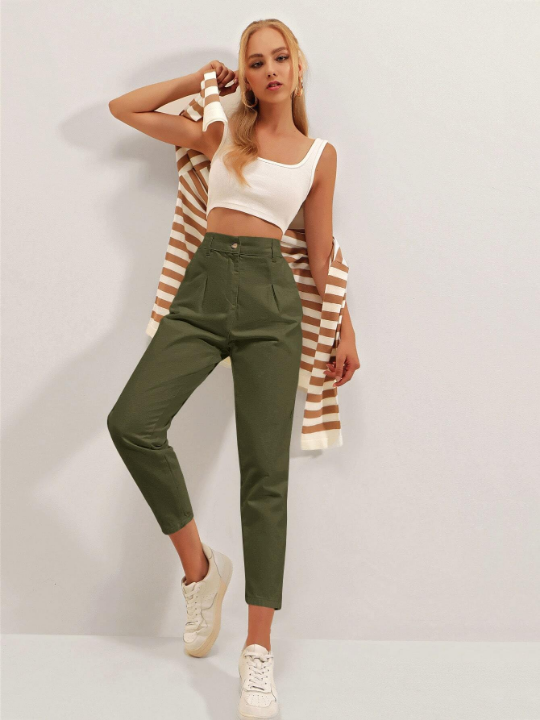 Cottnline High Waist Fold Pleated Pants