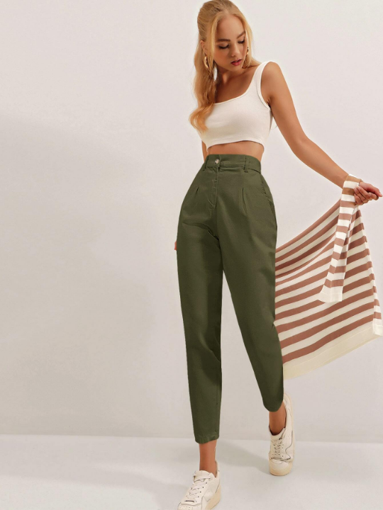 Cottnline High Waist Fold Pleated Pants