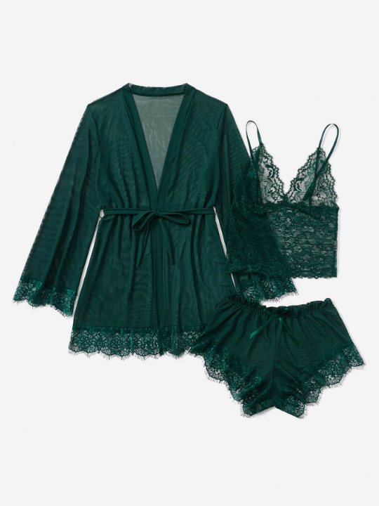 Classic Sexy 4pack Contrast Lace Mesh Lingerie Set & Robe & Belt