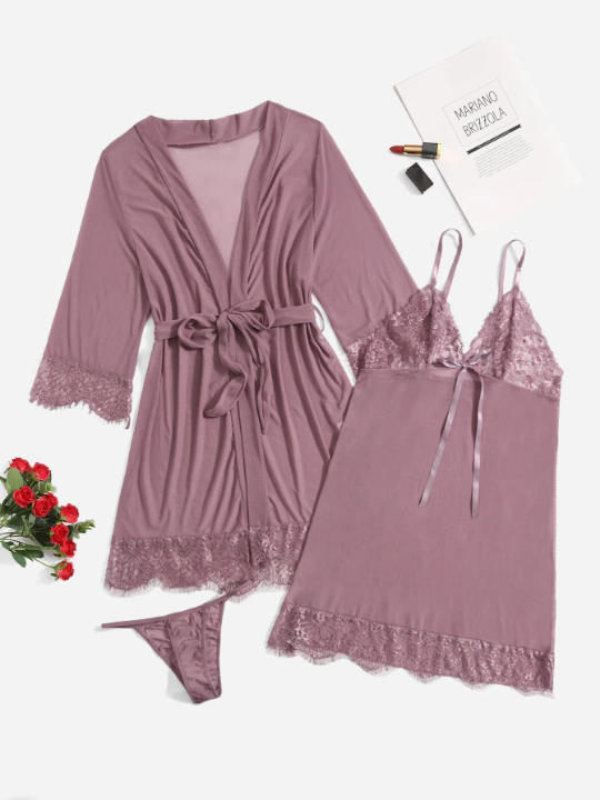 Classic Sexy 3pack Floral Lace Slips With Belted Robe