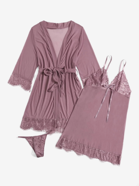 Classic Sexy 3pack Floral Lace Slips With Belted Robe