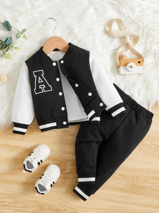 Baby Boy Letter Graphic Colorblock Bomber Jacket & Sweatpants