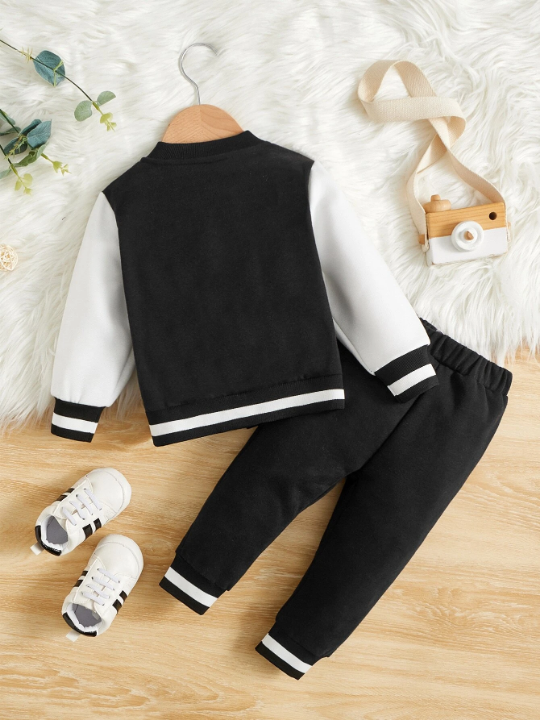 Baby Boy Letter Graphic Colorblock Bomber Jacket & Sweatpants