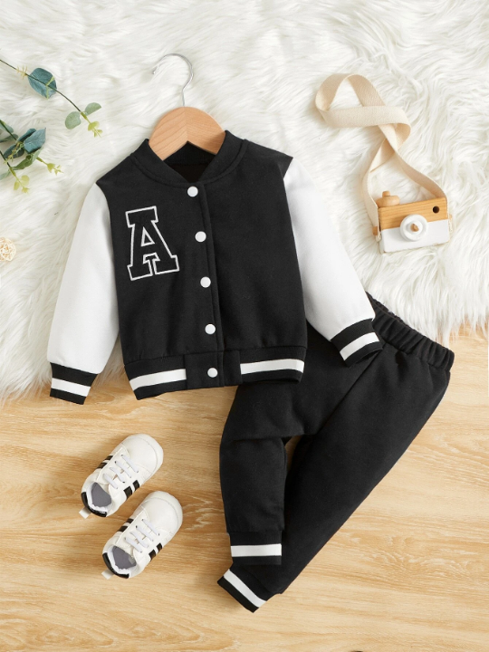 Baby Boy Letter Graphic Colorblock Bomber Jacket & Sweatpants